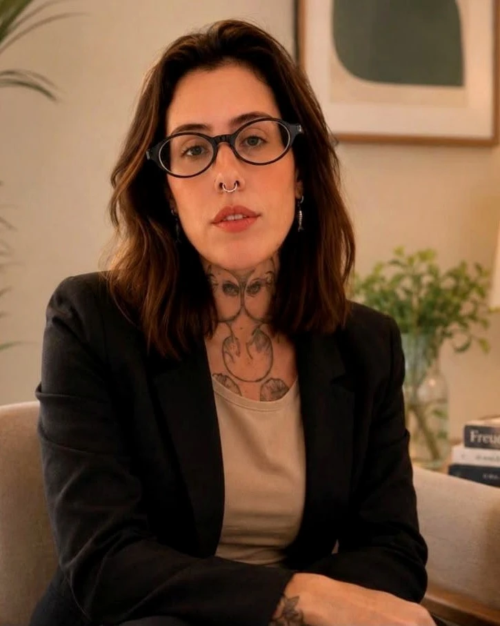Luar Violeta Perez, psicóloga e psicanalista, sentada em ambiente acolhedor durante atendimento